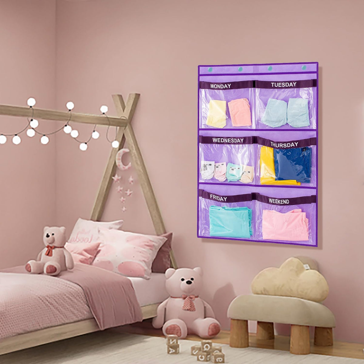 Weekly Clothes Organizer Day of Week School Clothing Storage Hanging Closet Organization for Kids Monday to Weekend (PURPLE)