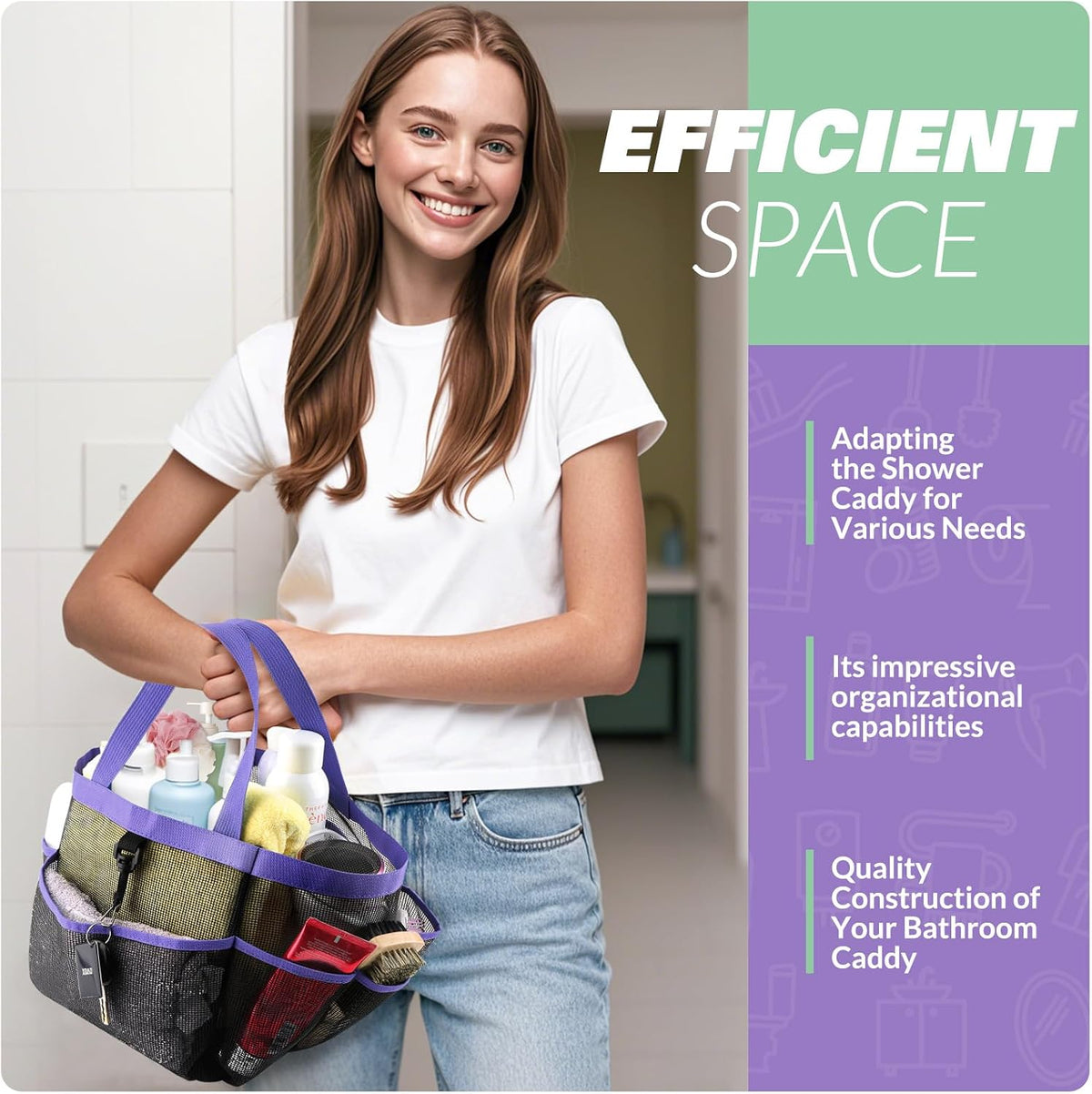 LOYEE Mesh Shower Caddy Portable for College Dorm Room Essentials with 8 Pockets, Shower Bag for Beach, Swimming, Gym, Travel, Bathroom(Purple)