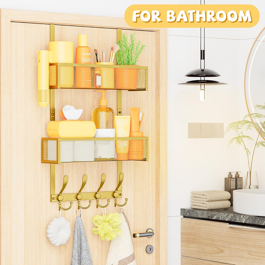 Kaiferty Over The Door Hooks Organizer,Coat Rack with 12 Hooks and 2 Mesh Baskets,Back of Door Storage Organizer for Bathroom,Bedroom,Kitchen,Office (Gold)