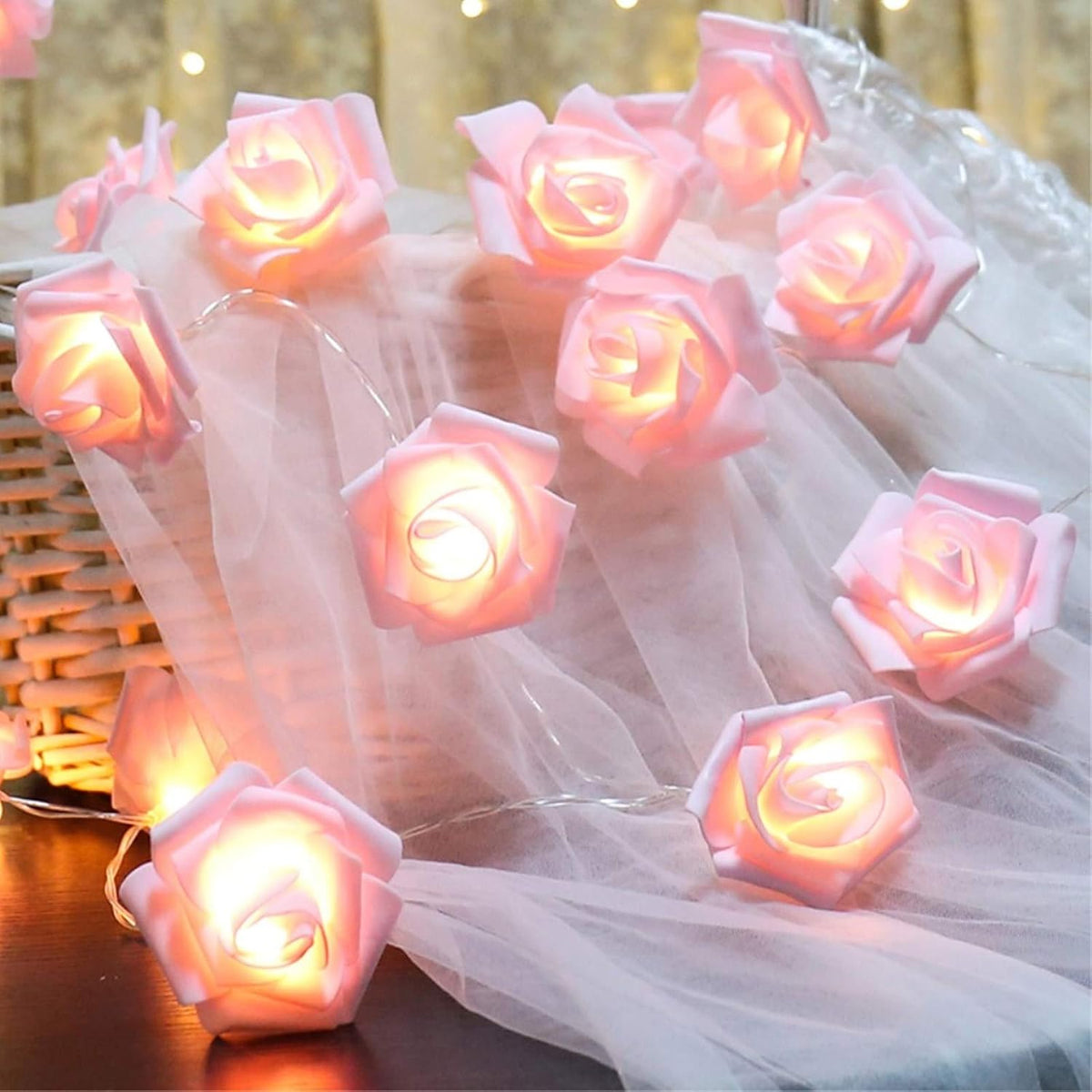 Fantasee LED Pink Rose Flower String Lights Battery Operated for Wedding Home Party Birthday Festival Indoor Outdoor Decorations Large Rose Flower Diameter 6cm (6.6ft 20LED, Pink Rose Warm Lights)