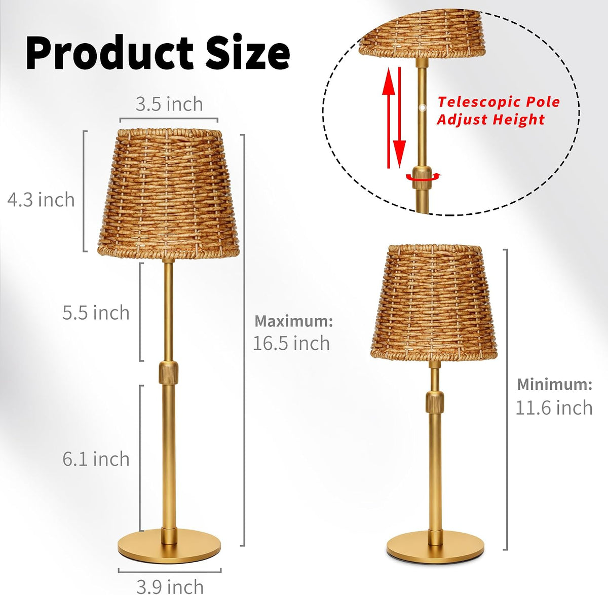 Mr.White Outdoor Waterproof Rechargeable Cordless Table Lamp with Wicker Shade, 5200mAh Battery Operated Table Light with Telescopic Pole, for Patio Restaurant Kitchen (Gold)