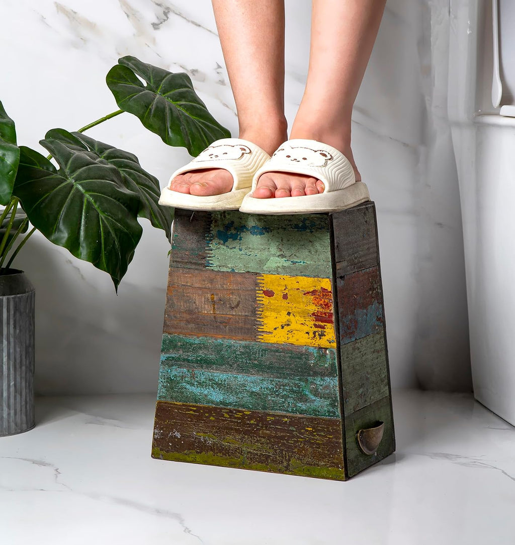 TIMRIS Small Wood Trash Can Wastebasket, Farmhouse Rectangular Garbage Can Waste Basket, Rustic Distressed Boho Wooden Trash Recycling Bin with Metal Handles, Reclaimed Wood Storage Basket (Random)