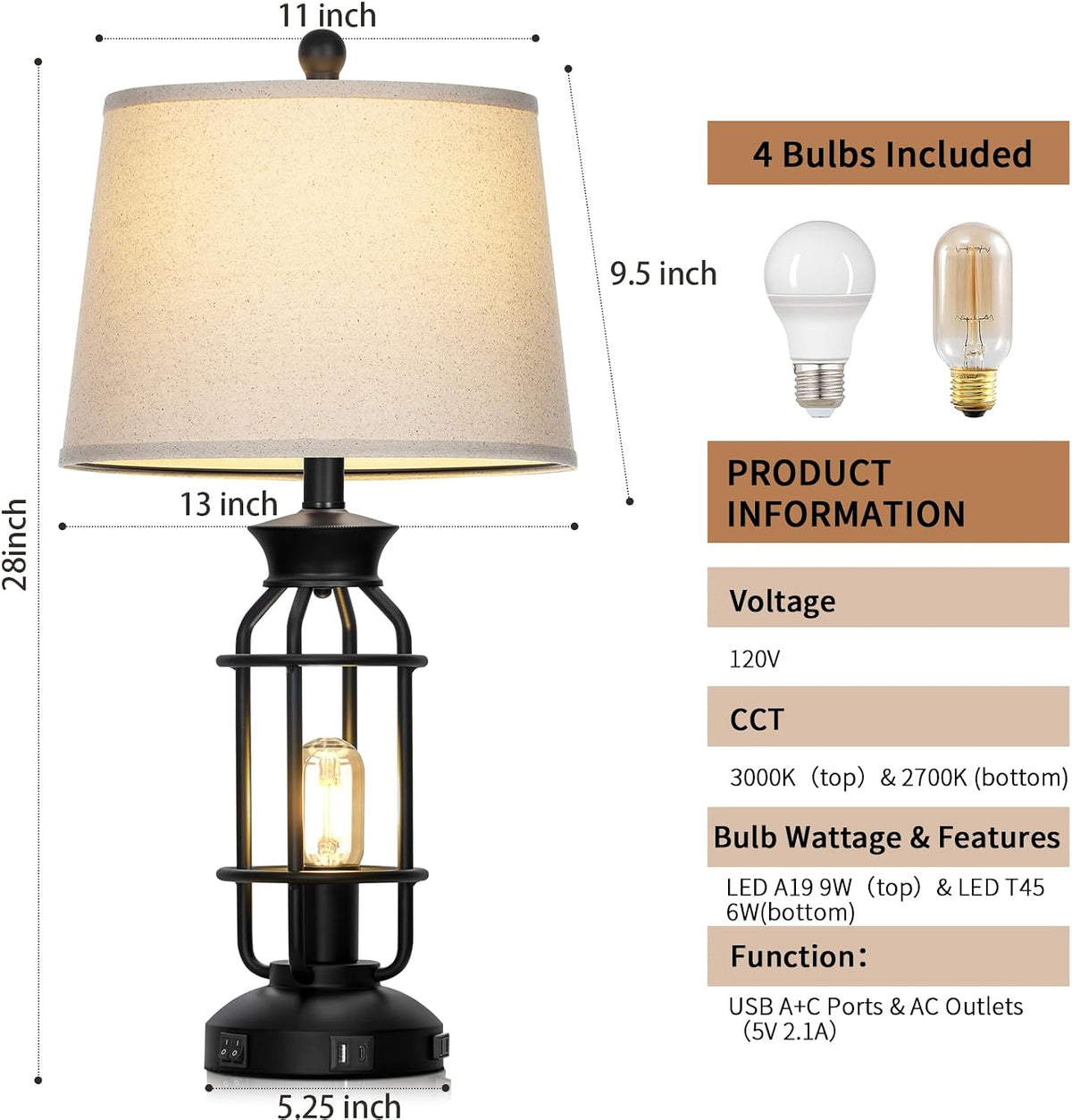 28" Tall Farmhouse Table Lamp for Living Room, Industrial Table Lamp with USB C+A Charging Ports & Outlet, Rustic Vintage Bedside Nightstand Lamp with Night Light for Bedroom End Table Black Single