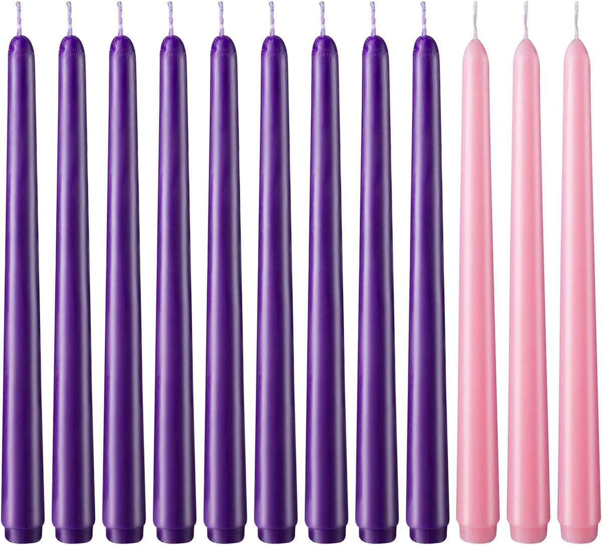 24 Pack Christmas Products 18 Purple and 6 Pink 10 Inch Unscented Taper Advent Candles Set