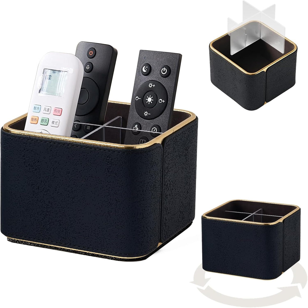 360° Rotating TV Remote Control Holder & Desk Organizer, Travertine-Look PU Leather, 0.421kg Wood Core, Removable Acrylic Divider (Black)