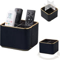 360° Rotating TV Remote Control Holder & Desk Organizer, Travertine-Look PU Leather, 0.421kg Wood Core, Removable Acrylic Divider (Black)