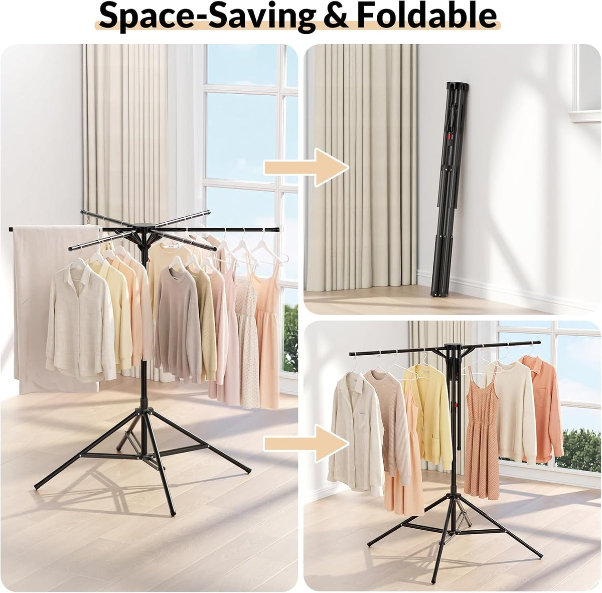 Portable 4-Leg Clothes Drying Rack, Foldable 6-Bar Rack for Space Saving