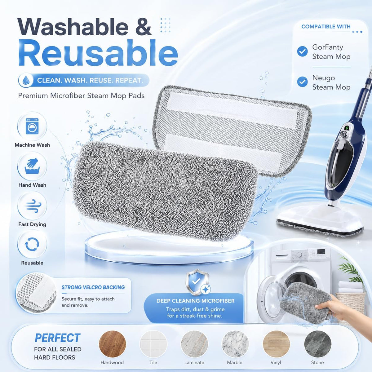 Steam Mop Pads, 7-Pack Washable Microfiber Refills