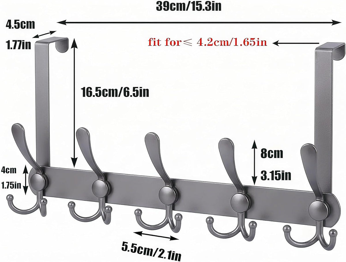 Over The Door Hooks, Heavy Duty Door Hanger with 5 Tri-Hooks for Hanging Clothes, Coats, Towels, Matte Gray OTD Storage Rack, Fits Standard 1-3/4" Doors, 60 lbs Max