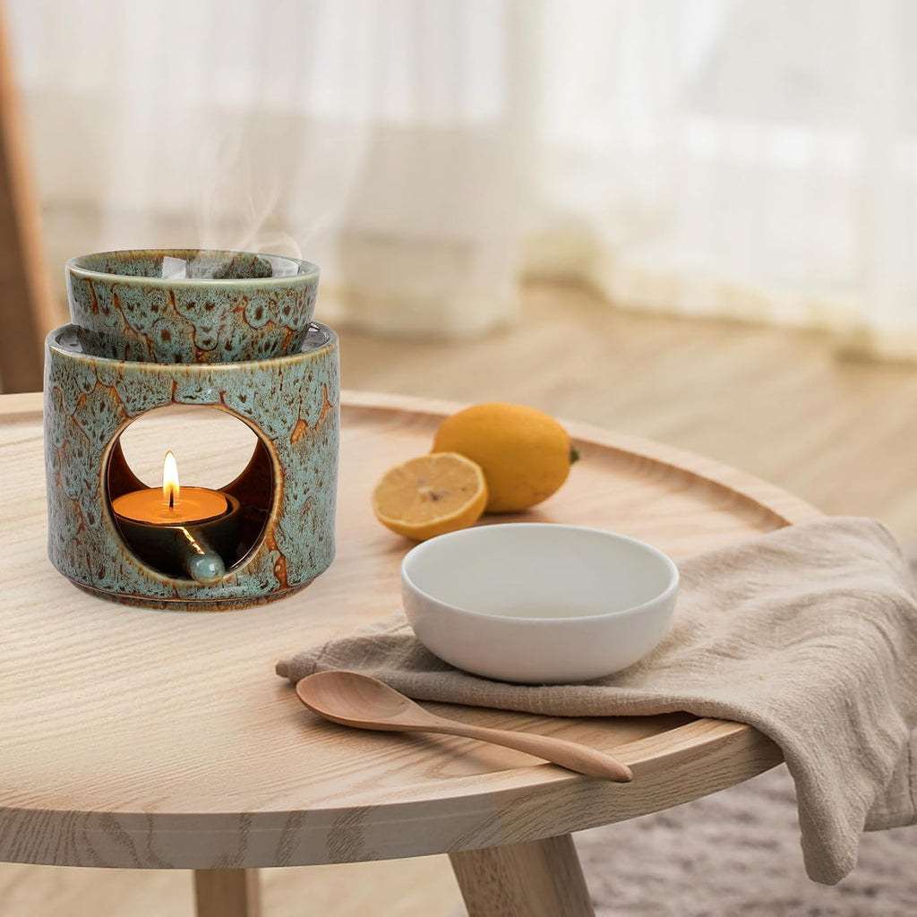 WD&CD Wax Melt Ceramic Oil Burner Green, Aroma Diffuser Essential Oil Burner Aromatherapy Wax Burner with Tealight Holder, Home Bedroom Decor