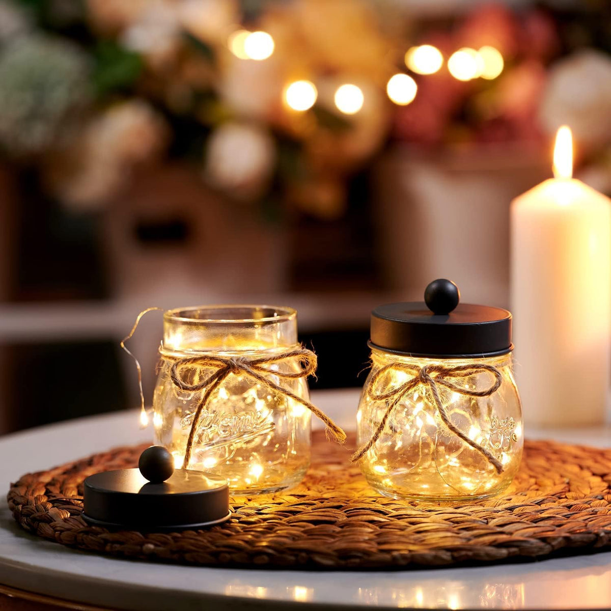 SheeChung 2 Pack Glass Mason Jar Qtip Holder,Bronze Stainless Steel Lids