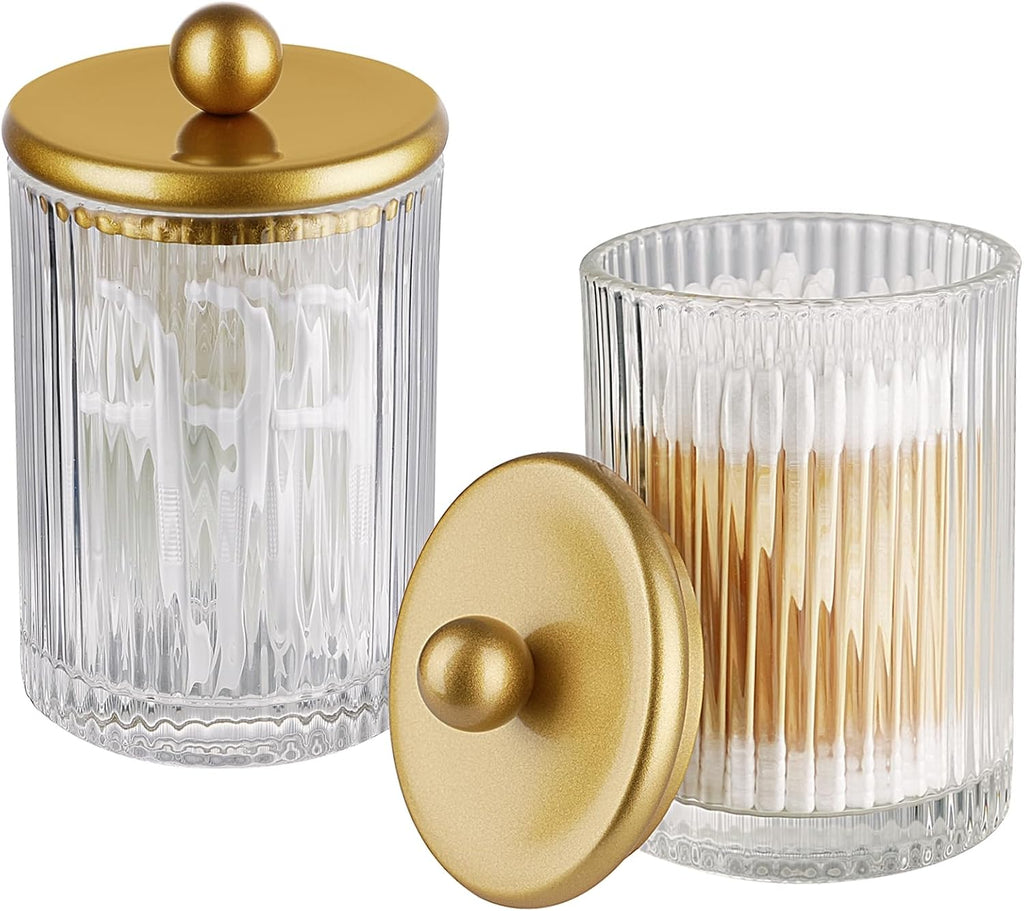 3 Pack Glass Qtip Holder Dispenser Set with Matte Gold Metal Lid