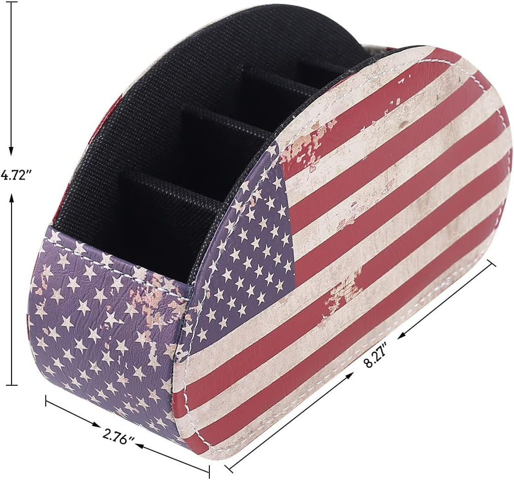 Remote Control Holder for Table, PU Leather Remote Organizer with 5 Compartments, Table Decor Storage Remote Control Caddy for TV, Office Supplies, Retro American Flag PH58