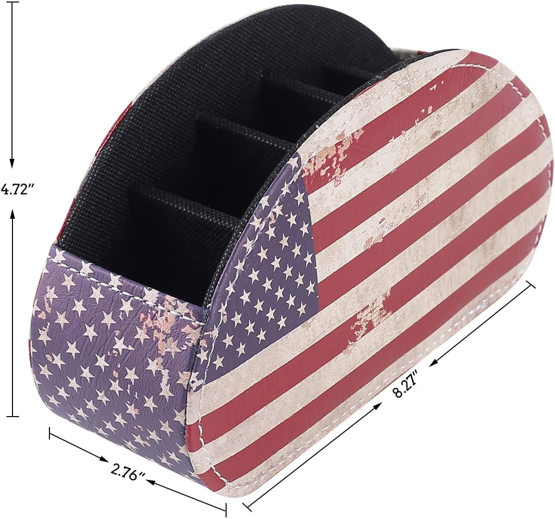 Remote Control Holder for Table, PU Leather Remote Organizer with 5 Compartments, Table Decor Storage Remote Control Caddy for TV, Office Supplies, Retro American Flag PH58