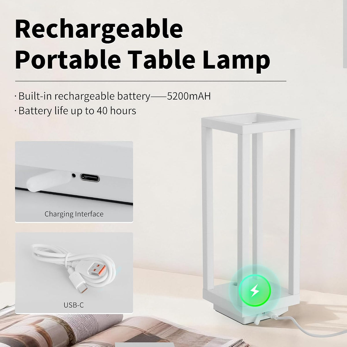 Mr.White IP54 Waterproof Outdoor LED Table Lamp - Battery Operated Rechargeable Cordless 5200mAh, Dimmable 3 Color Temperatures for Patio Backyard (White)