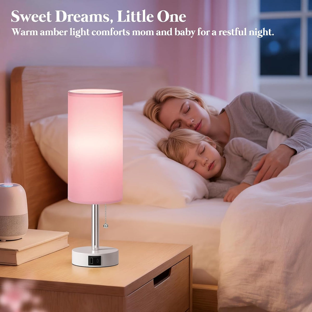 Dicoool Pink Bedside Table Lamp for Girls Bedroom - USB A+C Charging Ports