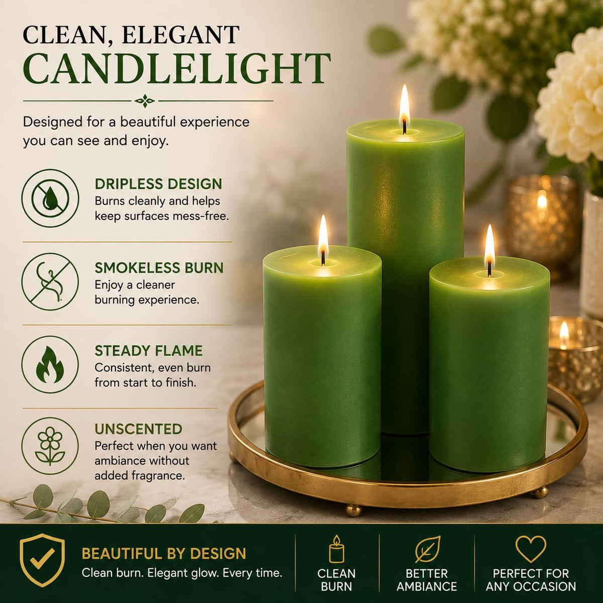 Dinil Green Pillar Candles 3x6 Inch, Set of 3 Unscented Dripless Smokeless Candles, 65+ Hour Burn Time for Wedding Centerpiece, Dinner Table & Home Decor