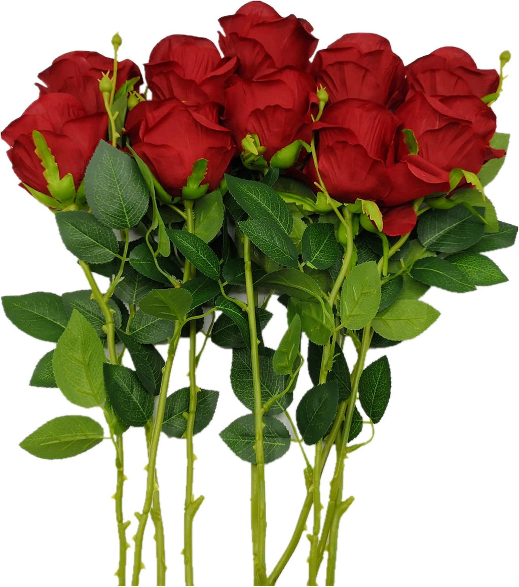 AnotherGifts Artificial Silk Rose Flower Bouquet Home Decor Wedding Party, Pack of 10 Wine Red Roses Exclusive Style…