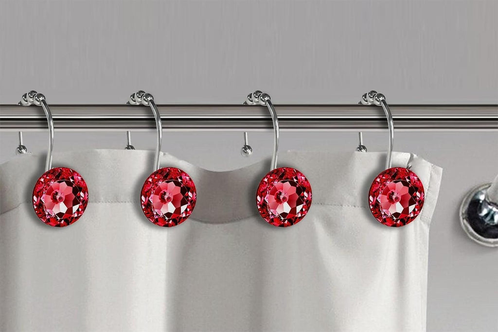 Red Crystal Diamond Shower Curtain Hooks for Bathroom【12Pack】, Silver Rust Proof Stainless Steel Rings, Decorative Gem Hanger, Bling Rhinestone, Glittery, Cute, Fancy Accessories