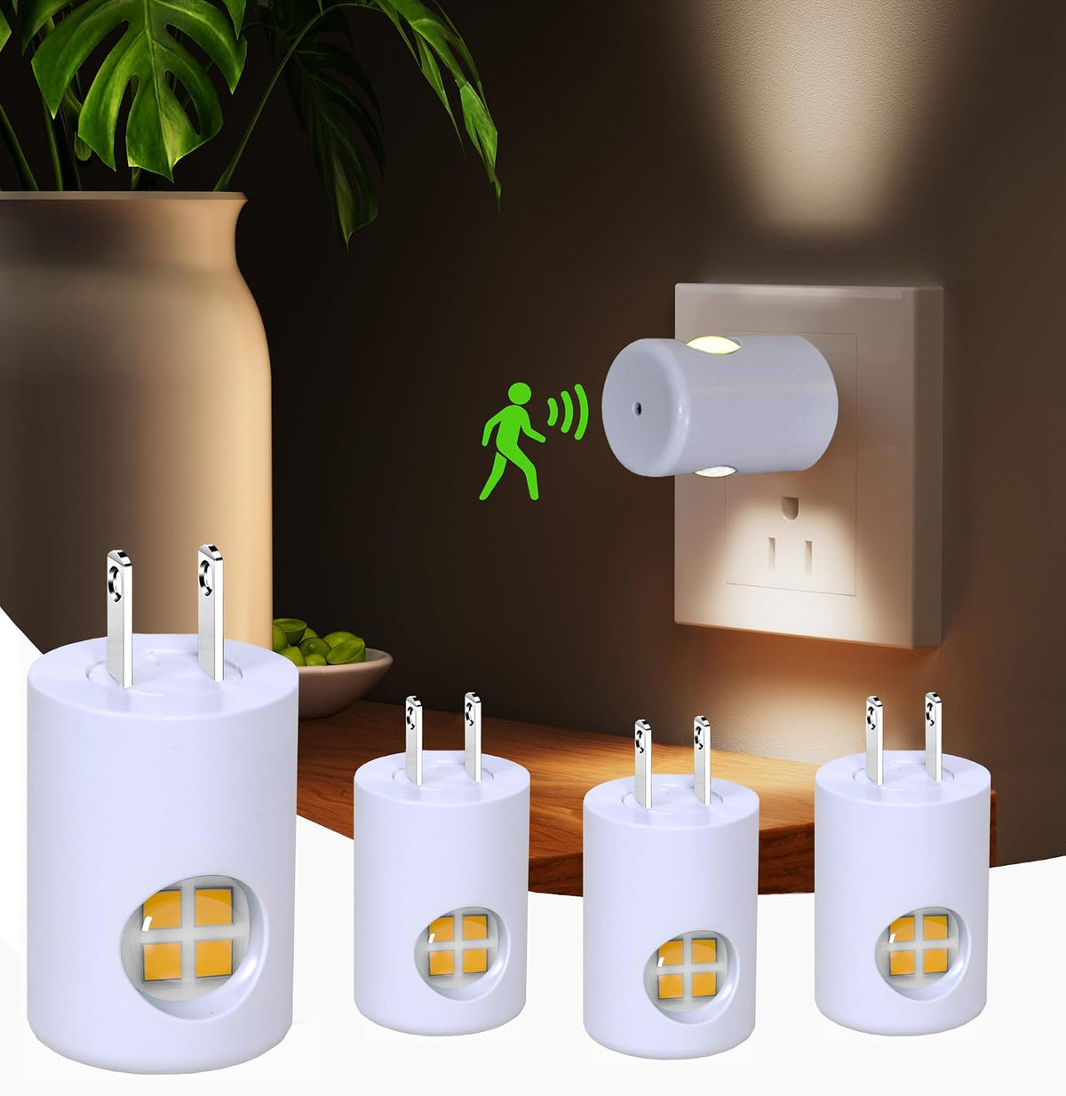 GEPLAD 4-Pack Motion Sensor Night Light, Plug into Wall Dusk to Dawn LED Nightlight, Auto On/Off, 5000K Daylight 100 Lumens, Rotatable Plug-in Design for Hallway, Staircase, Bathroom, Kitchen