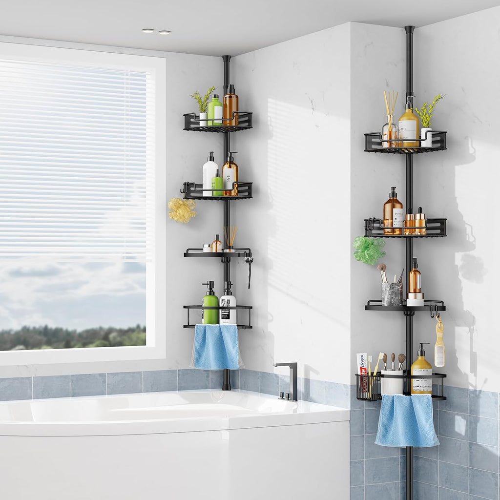 HAMITOR Corner Shower Caddy Tension Pole, 4 Tier Rustproof Organizer- Black