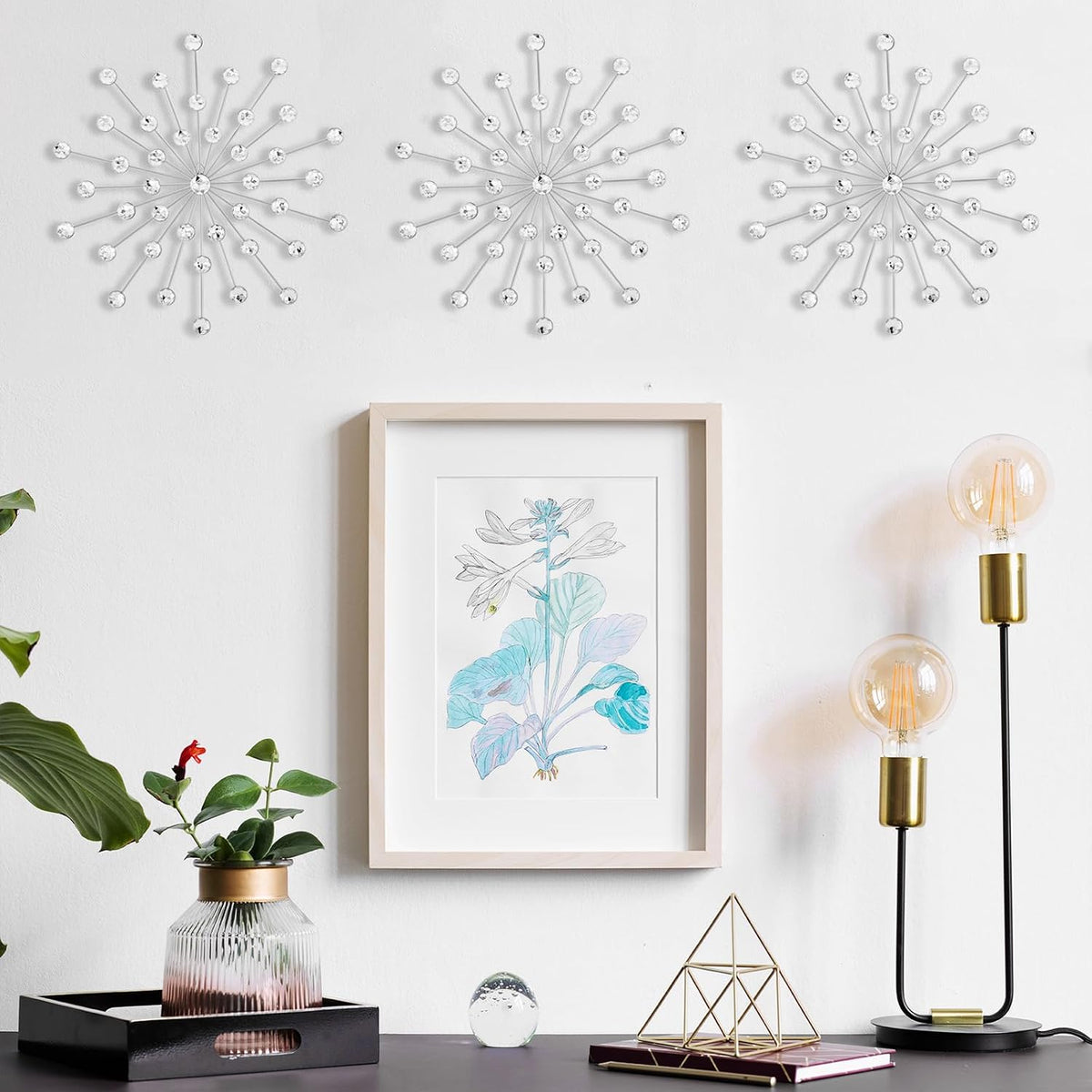 SIYIKRYP Set of 3 Crystal Sunburst Wall Decor – 11.8" Silver Metal Wall Art with Rhinestone Accents – Modern 3D Starburst Hanging Ornaments for Living Room, Bedroom, Office