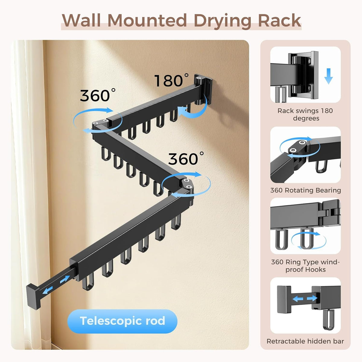 Wall Mounted Clothes Drying Rack, Space-Saving Foldable Clothes Drying Rack, Wall Clothes Hanger with 18 Hooks for Indoor & Outdoor Use in Laundry Room, Bathroom & Balcony