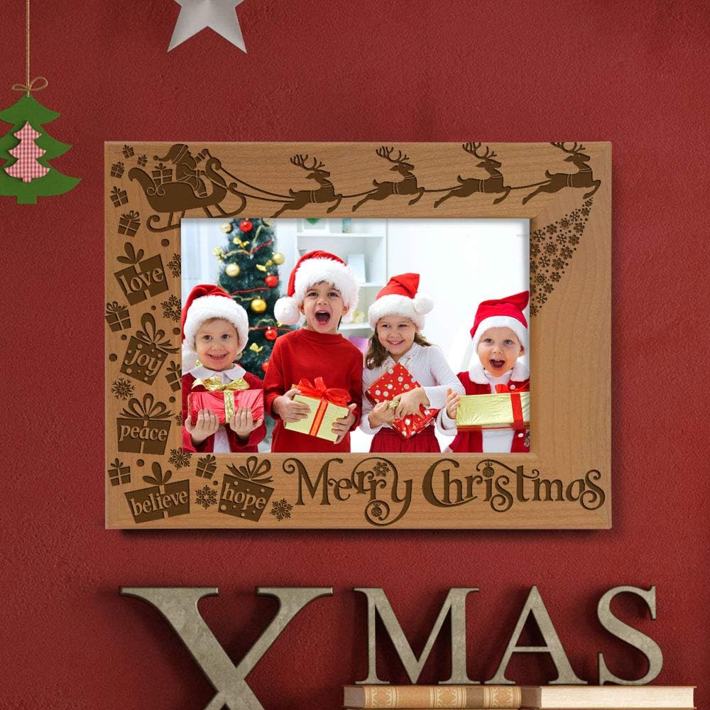 KATE POSH Merry Christmas Love Peace Joy Believe Hope, The Magic of Christmas Family Picture Frame. Santa, Reindeer and Sleigh Decor. Engraved Natural Wood Photo Frame (4x6-Horizontal)