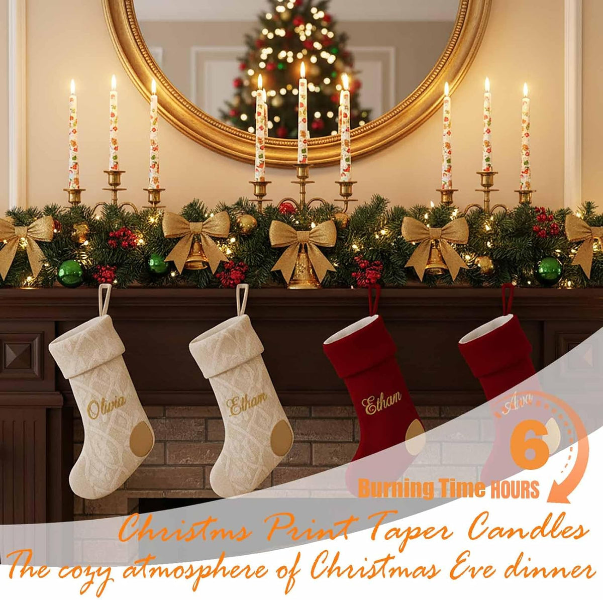 4 Pack Christmas Taper Candles,10 Inch Unscented White Candlesticks with Christmas Tree Print Design for Holiday Table Decor, Fireplace Mantel, Winter Weddings(Ivory)