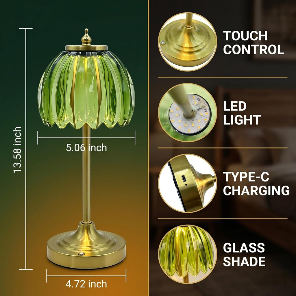 Glass Tulip Rechargeable Table Lamp, Cordless Flower Table Light -Green