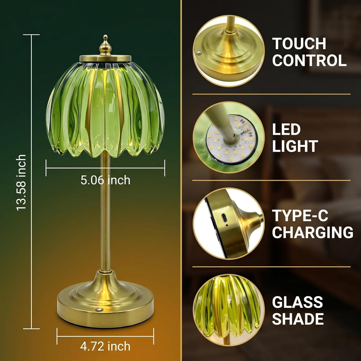 Glass Tulip Rechargeable Table Lamp, Cordless Flower Table Light -Green