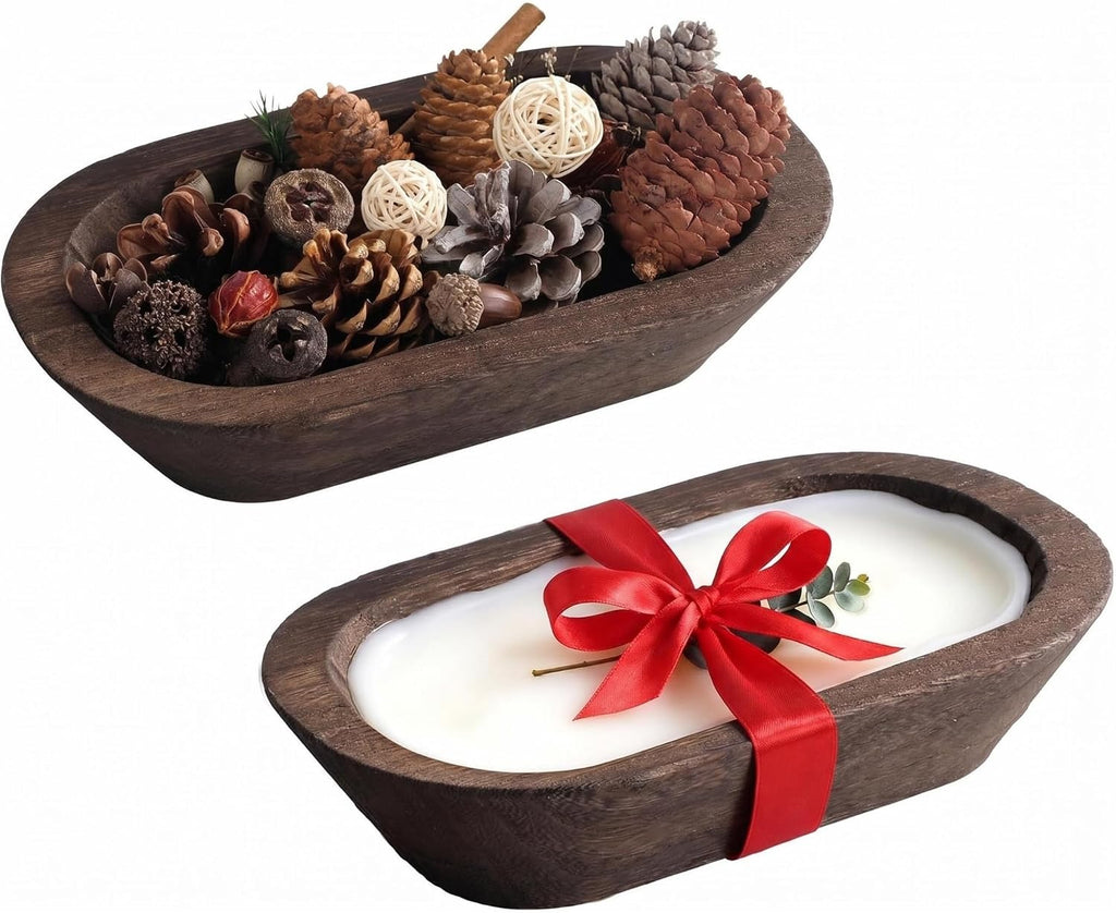 2 Pack 8.6" Hand Carved Paulownia Wood Dough Bowls for Candles