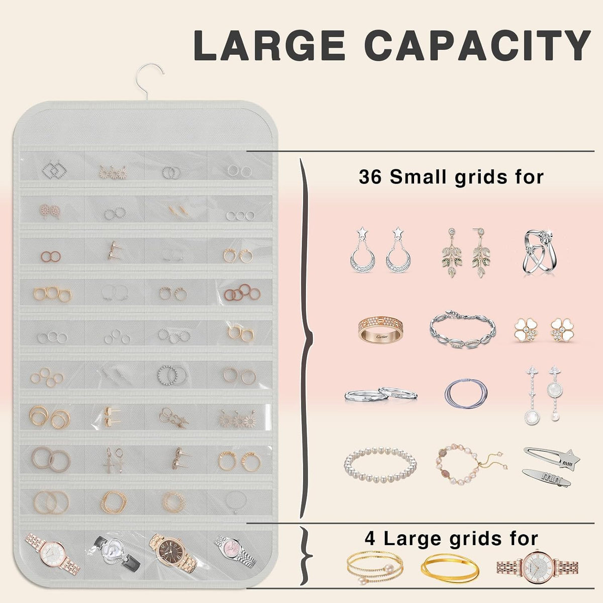 Double-Sided Hanging Jewelry Organizer for Necklaces Earrings, 2-Pack White