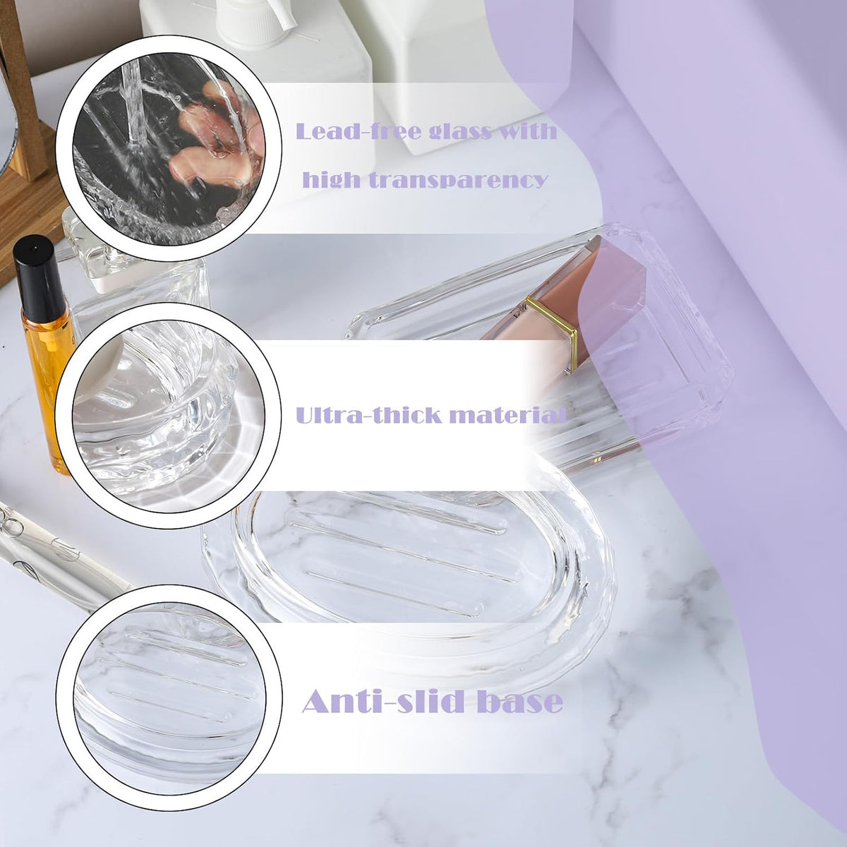 WHJY 2 Pack Glass Soap Dish - Rectangular Soap Bar Container - Transparent