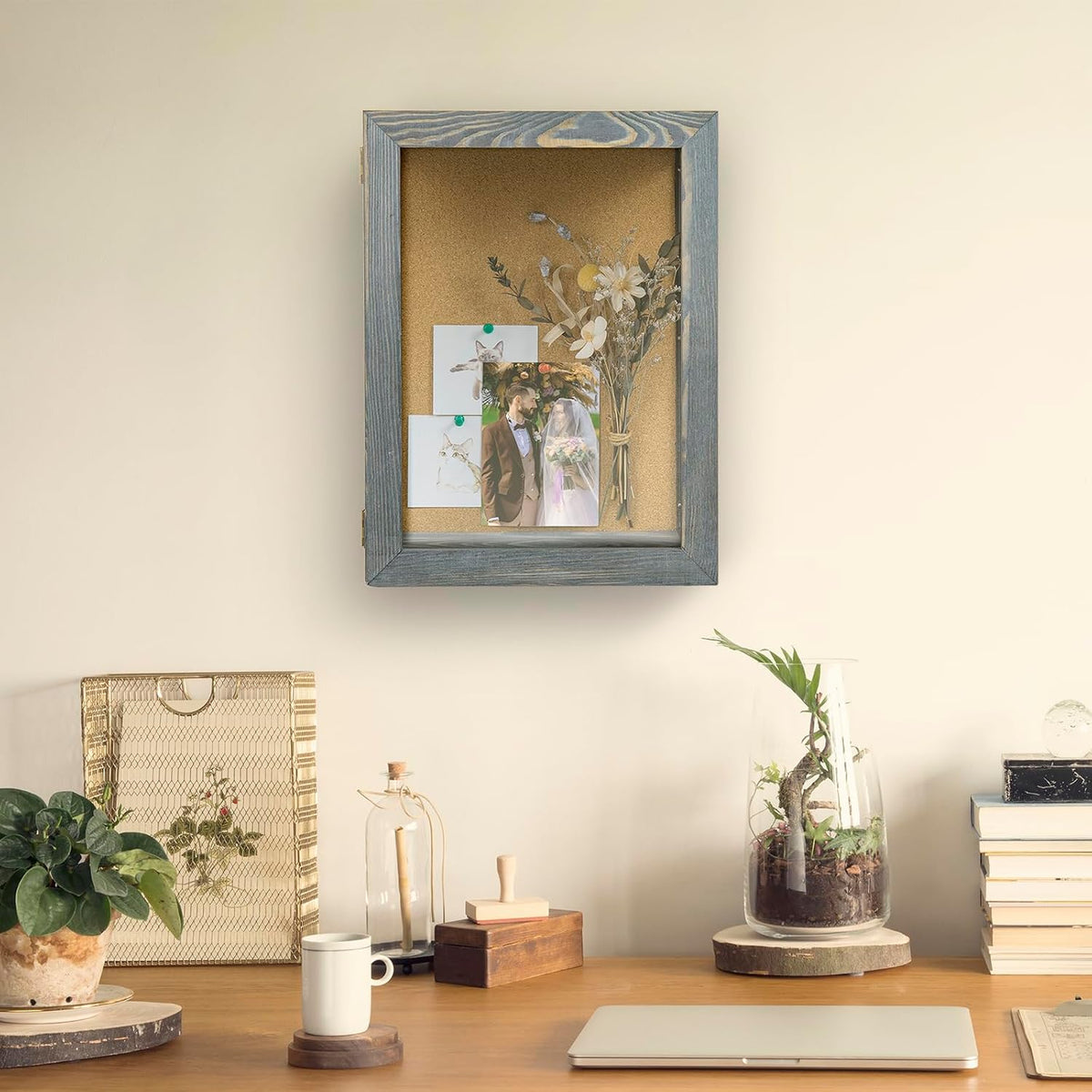 MyGift 11x15 Deep Shadow Box Frame, Display Case Wall Mount for Picture, Heirloom, Home Office Décor, Wedding & Military Memorabilia Display, Solid Wood, Clear Acrylic, Magnetic Lock, Grey
