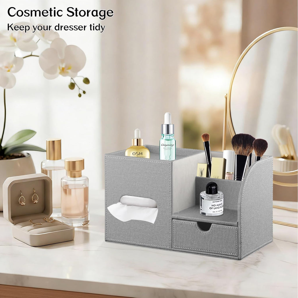 PU Leather Tissue Box Cover Square with Drawer Storage and Tray on Top