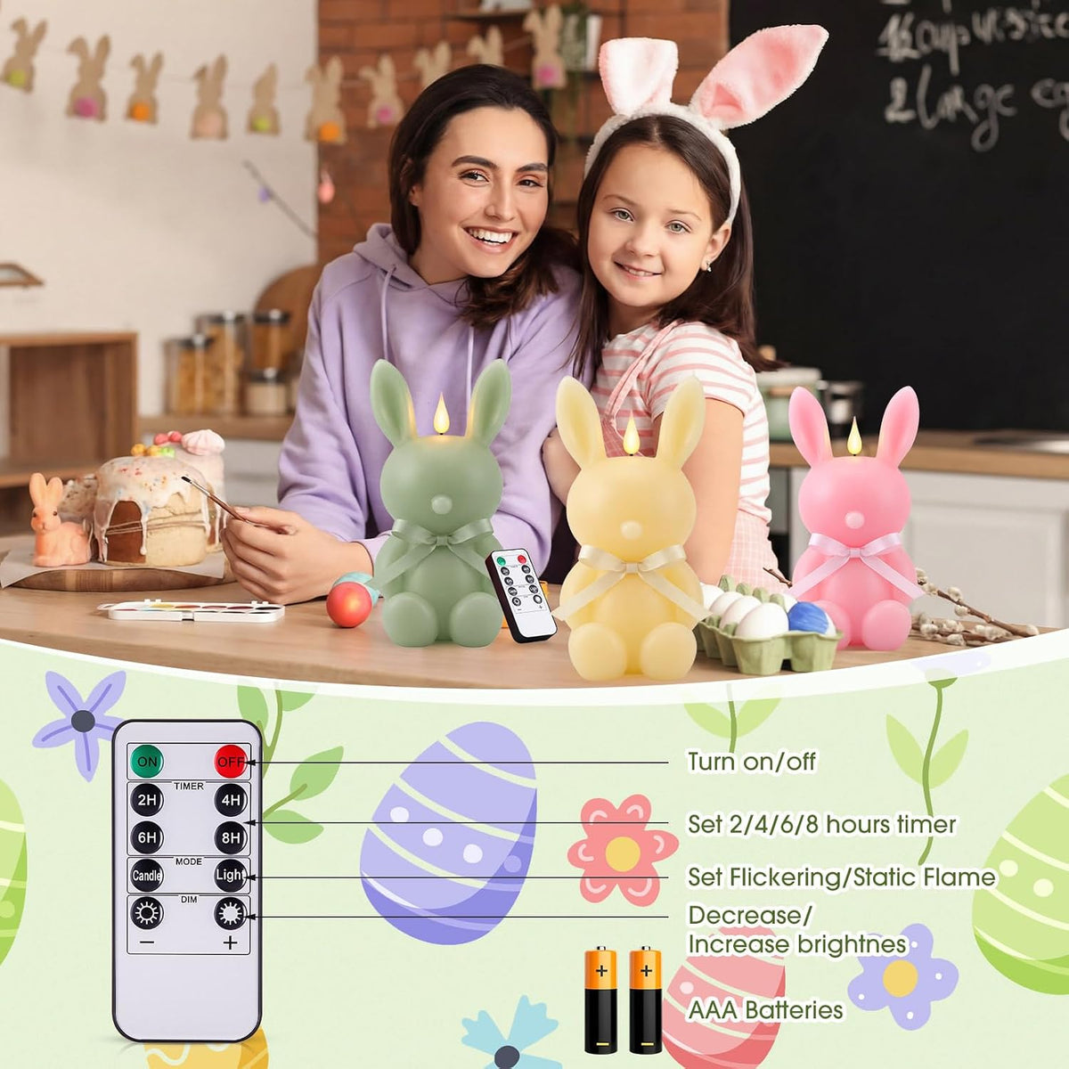 Baquler 3 Pcs Large Easter Bunny Led Flameless Candle 8 Inch Battery Operated Candles with Remote Real Wax Cute Rabbit Shape Candle with Bow 3D Flickering for Gift Home Party Decor (Yellow,Green,Pink)