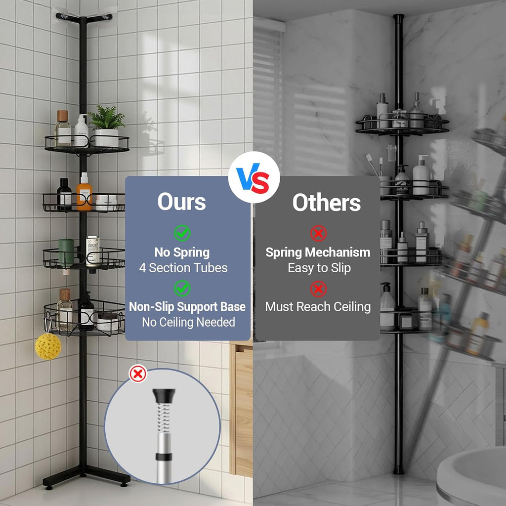 Standing Shower Caddy Corner, 4-Tier Adjustable Height Bathroom Organizer, 6-Section Pole, Sturdy Floor Standing Shelf for Shower – No Drilling, No Spring Tension