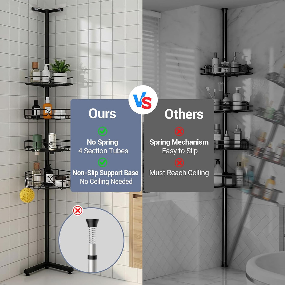 Standing Shower Caddy Corner, 4-Tier Adjustable Height Bathroom Organizer, 6-Section Pole, Sturdy Floor Standing Shelf for Shower – No Drilling, No Spring Tension