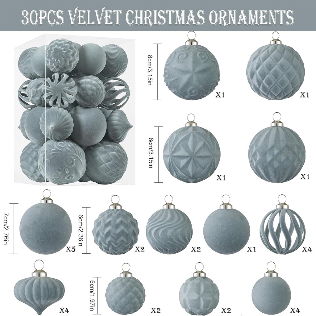 30pcs Velvet Christmas Ball Ornaments, Flocked Shatterproof Christmas Ornaments Hanging Xmas Tree Decorations Set for Home Party Holiday Decor (Multi-Size, Grey)