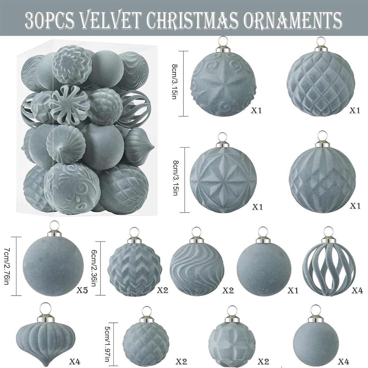 30pcs Velvet Christmas Ball Ornaments, Flocked Shatterproof Christmas Ornaments Hanging Xmas Tree Decorations Set for Home Party Holiday Decor (Multi-Size, Grey)
