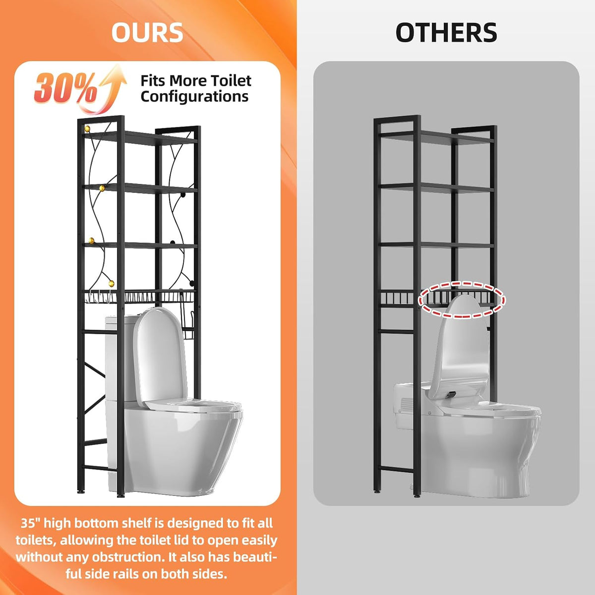 Over-The-Toilet Storage Rack, 4-Tier Bathroom Organizer Shelf Over Toilet with Adjustable Shelf and Basket, Freestanding Space Saver Bathroom Shelves Above Toilet for Room (Pure Black)