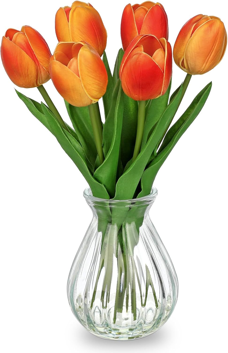 Fall Artificial Tulips Flowers in Glass Vase - 6 Pcs Faux Flowers in Vase with Faux Water 12.5" Orange & Yelow Ombre Fake Tulips Bouquet Floral Arrangement Centerpiece for Living Room Table Home Decor