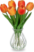 Fall Artificial Tulips Flowers in Glass Vase - 6 Pcs Faux Flowers in Vase with Faux Water 12.5" Orange & Yelow Ombre Fake Tulips Bouquet Floral Arrangement Centerpiece for Living Room Table Home Decor