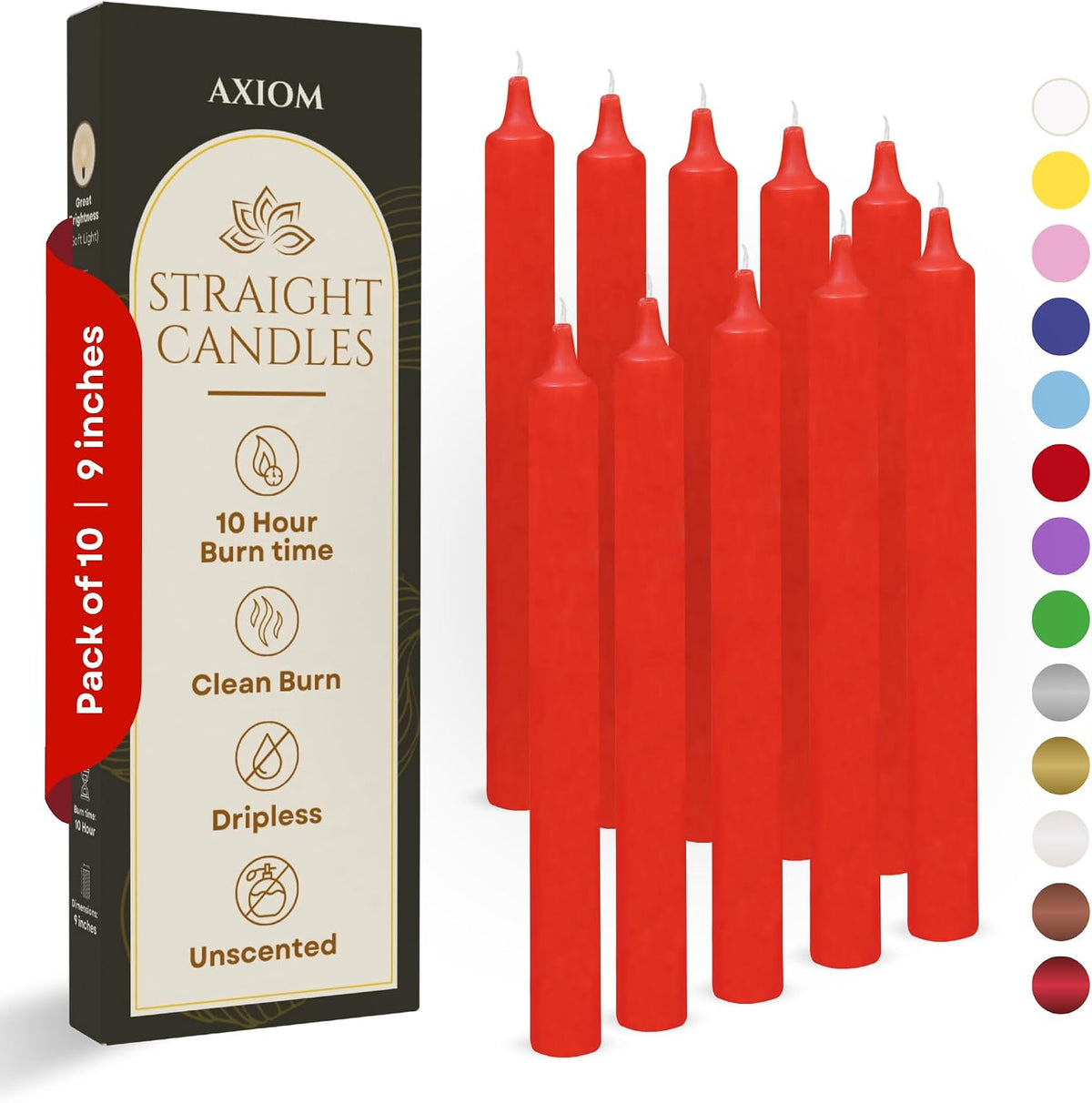 Axiom Candles | 10 Inch Dripless | Straight, Reddish, Pack of 10