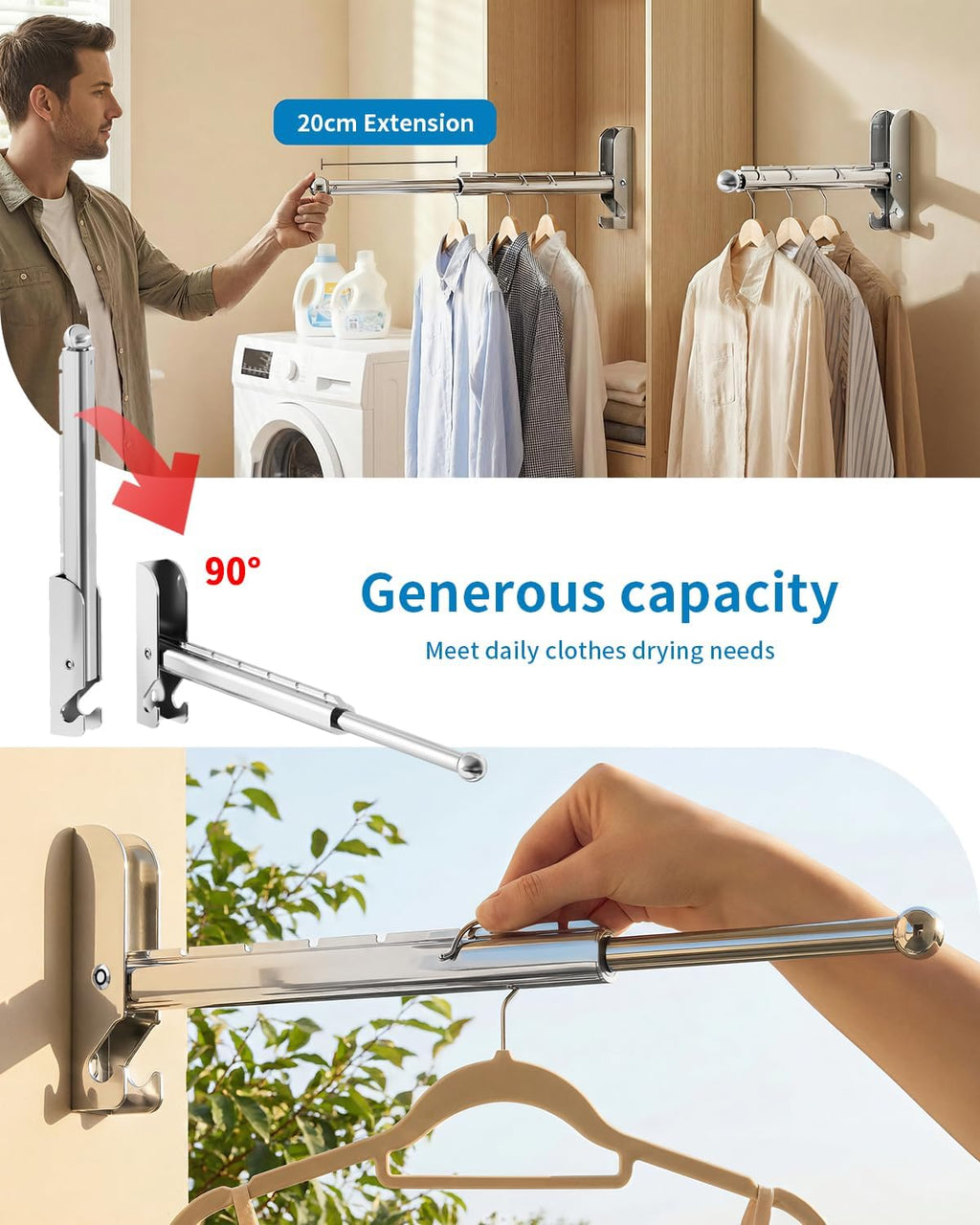 BaiNong Pull Out Wall Mounted Clothes Drying Rack Silver 13" Foldable 2Pack