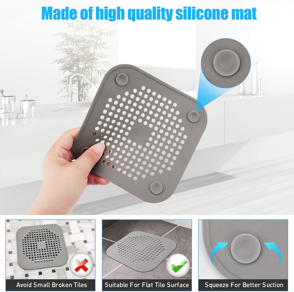 Square Drain Cover for Shower 5.7-inch TPR Drain Hair Catcher (Grey+White)