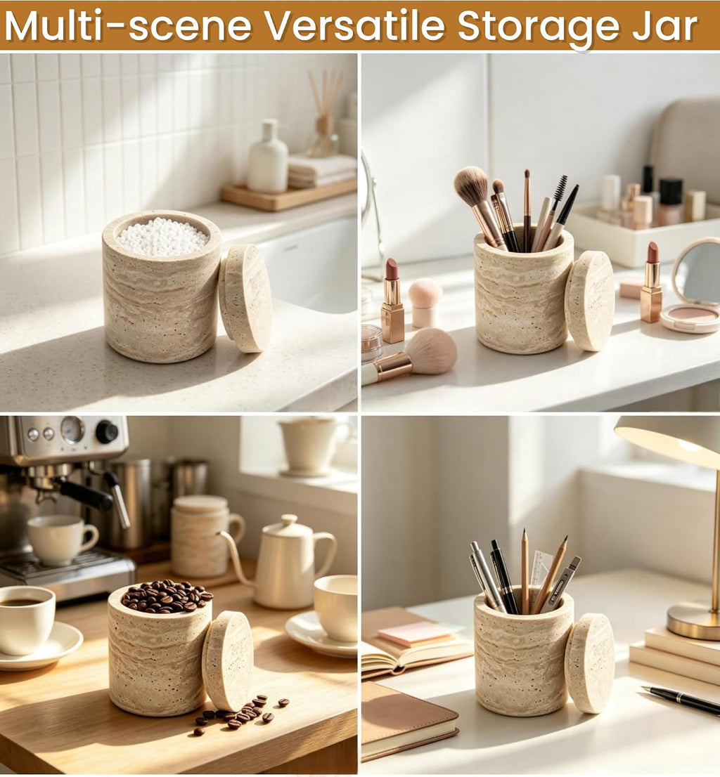 Natural Marble Canister, Cotton Swab Holder with Lid, Marble Toothbrush Holder Qtip Holder Storage for Cotton Swab, Floss Picks, Makeup Pad, Bath Salt, Beige White Travertine(NS019)