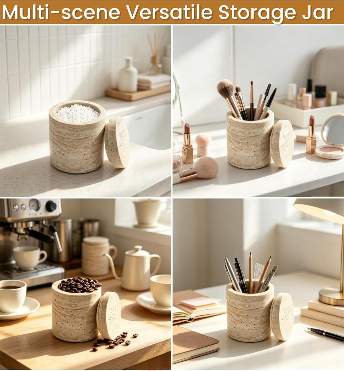 Natural Marble Canister, Cotton Swab Holder with Lid, Marble Toothbrush Holder Qtip Holder Storage for Cotton Swab, Floss Picks, Makeup Pad, Bath Salt, Beige White Travertine(NS019)