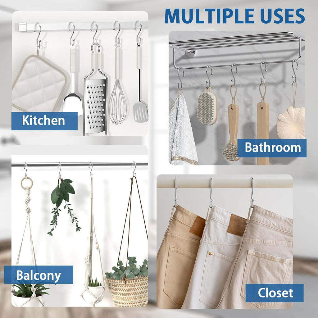 Goowin Chrome Metal Shower Curtain Hooks Rings, S Shape Metal Shower Curtain Rings Rust Proof Shower Curtain Hangers, Heavy-Duty Multi-Functional Shower Hooks for Shower Curtain, Chrome, 12 Pack